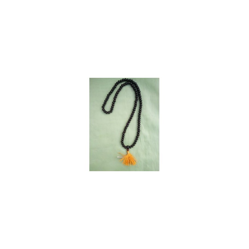 MALA TIBETAIN BOIS DE SANTAL ROUGE perle 7-8mm  pompom orange