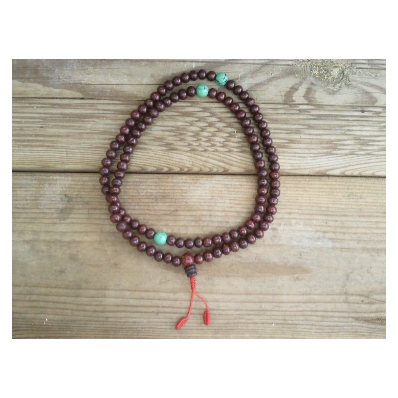 MALA TIBETAIN BOIS DE SANTAL ROUGE perle 7mm turquoise