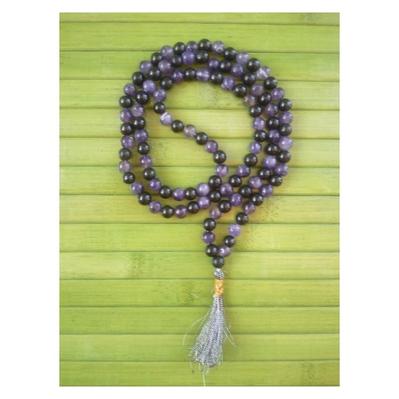 MALA Tibétain Améthyste + Agate noir 8mm