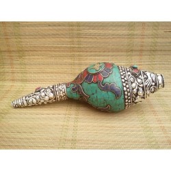 Conque ou Conche Tibétaine coquillage orné Turquoise