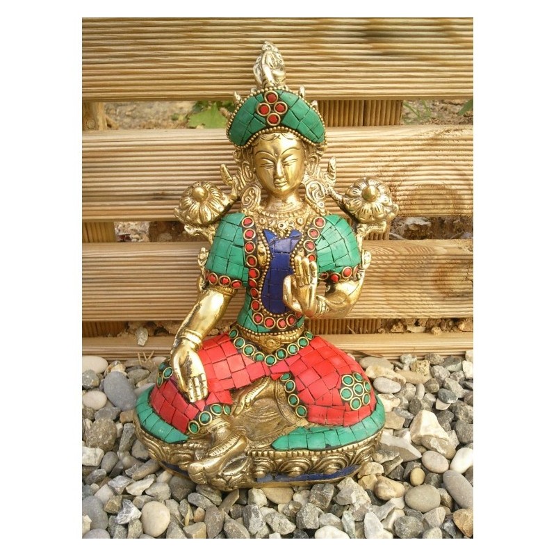 Statue de Bouddha  Tara Verte 20cm Turquoise Corail