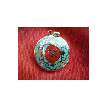 Pendentif Tibétain Aum turquoise + corail