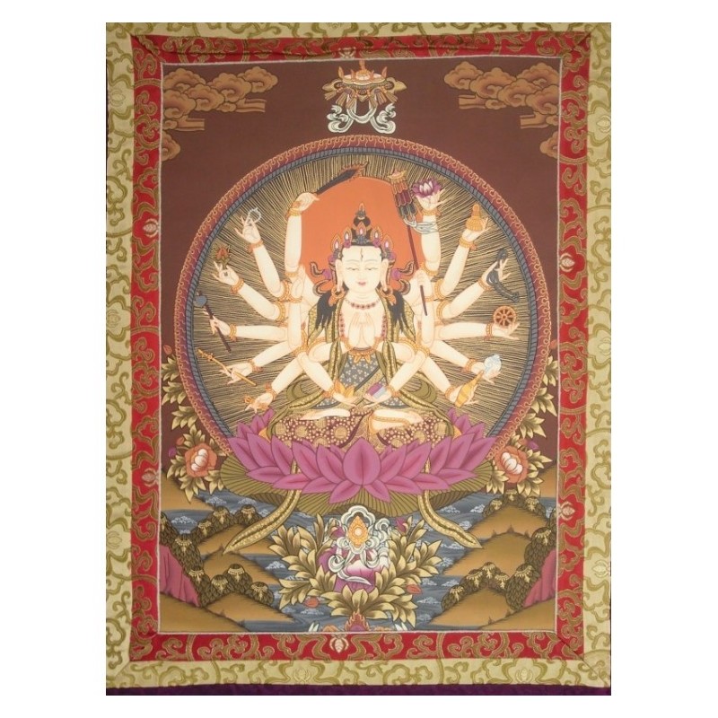 Thangka Bouddha Maha Cundi 124x68cm ou Chenrezig 18 bras