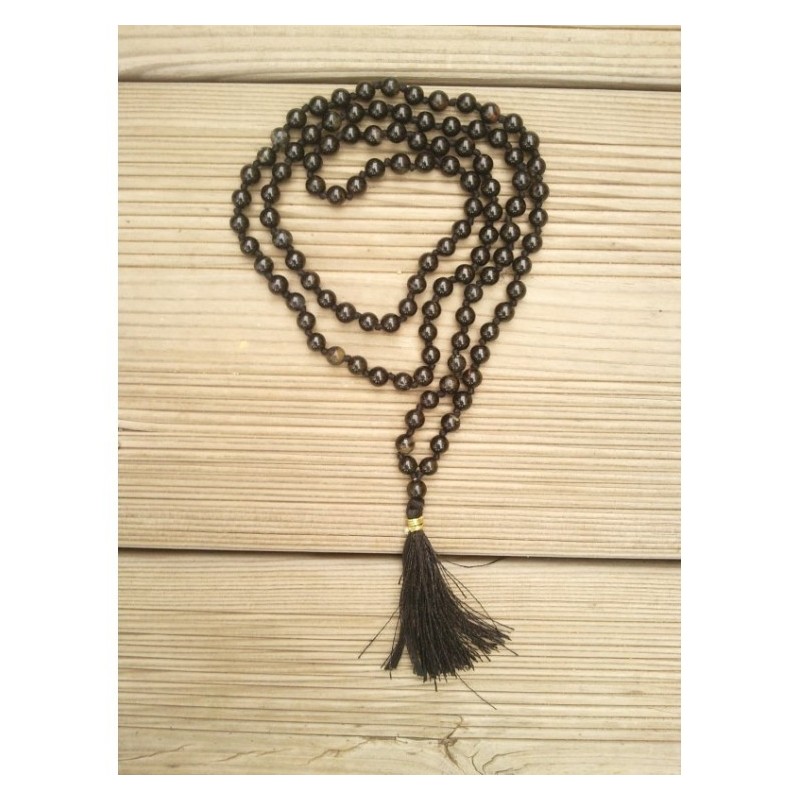 MALA TIBETAIN EN TOURMALINE NOIRE 6mm Noeud