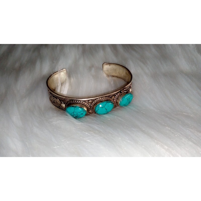 Bracelet tibétain 3 turquoises filigrane