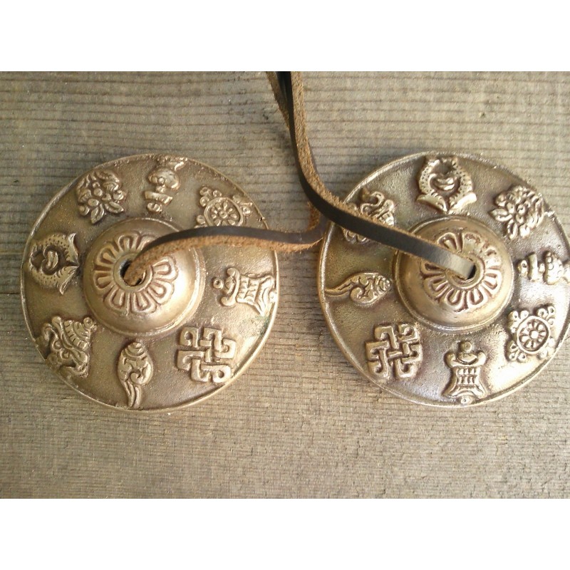 Tingsha tibétaines bronze 8 symboles