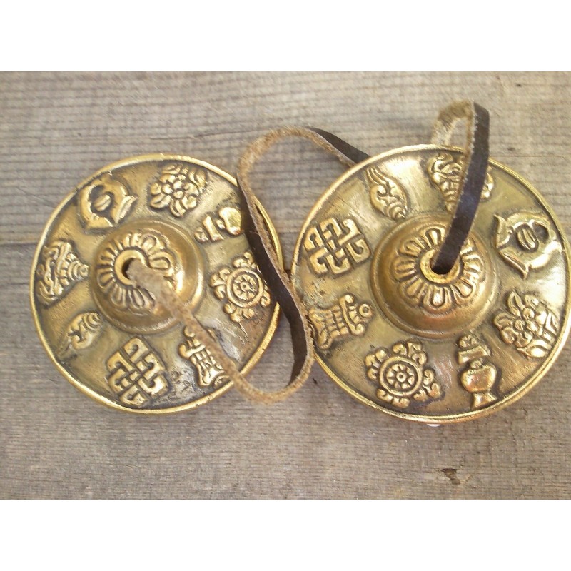 Tingsha tibétaine 5 métaux  6.6cm 8 symboles