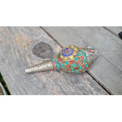 Conque ou Conche Tibétaine coquillage orné Turquoise 16cm