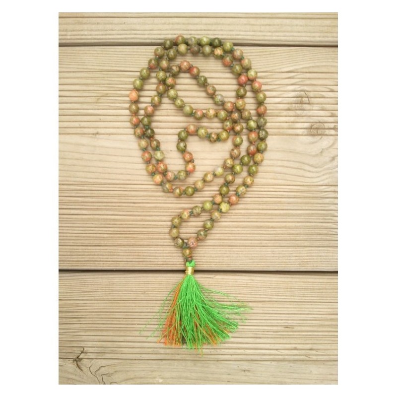 Mala Tibétain en Unakite 6.5mm Noeud