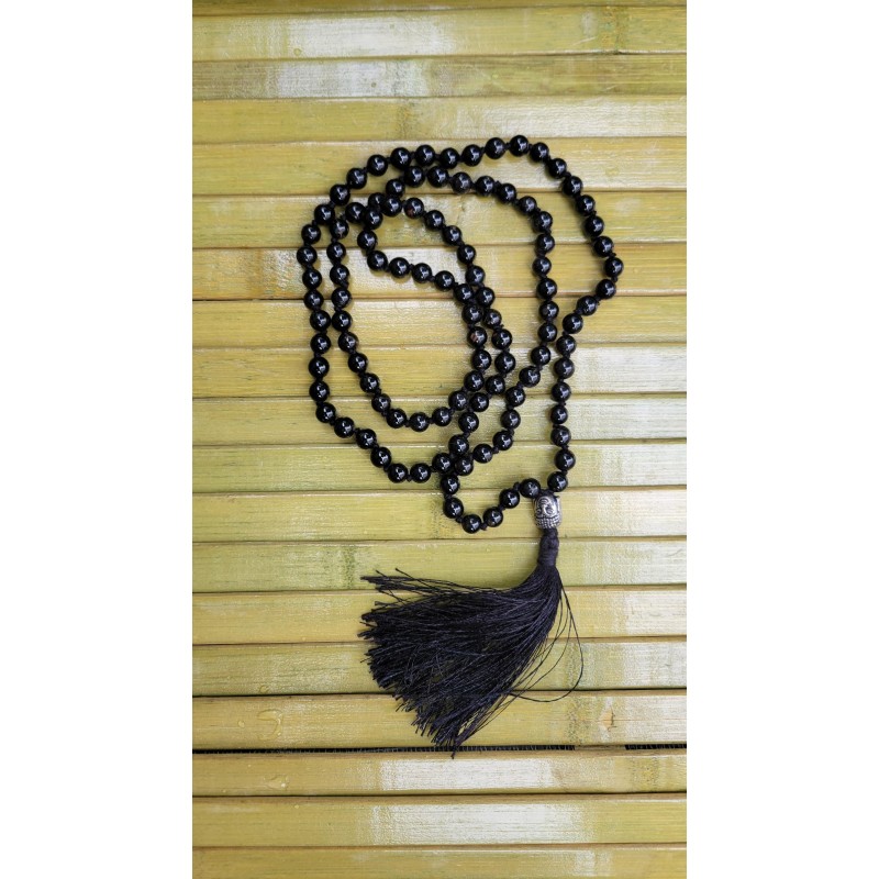 MALA TIBETAIN EN TOURMALINE NOIRE 6mm Noeud