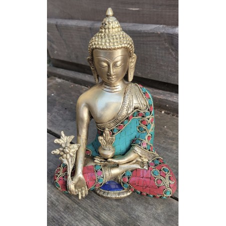 Statue de Bouddha  Médecine 19cm Turquoise Corail
