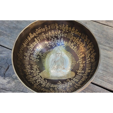 Bol chantant Tibétain 7 métaux 540grs gravé Bouddha Médecine